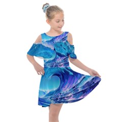 Tsunami Tidal Wave Ocean Waves Sea Nature Water 2 Kids  Shoulder Cutout Chiffon Dress