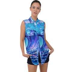 Tsunami Tidal Wave Ocean Waves Sea Nature Water 2 Sleeveless Chiffon Button Shirt