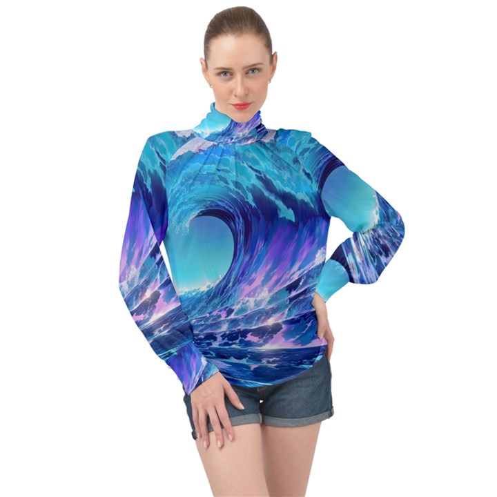 Tsunami Tidal Wave Ocean Waves Sea Nature Water 2 High Neck Long Sleeve Chiffon Top