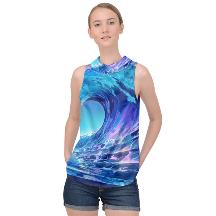 Tsunami Tidal Wave Ocean Waves Sea Nature Water 2 High Neck Satin Top