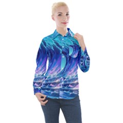 Tsunami Tidal Wave Ocean Waves Sea Nature Water 2 Women s Long Sleeve Pocket Shirt