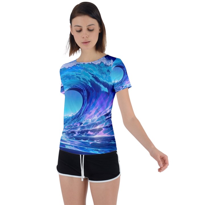 Tsunami Tidal Wave Ocean Waves Sea Nature Water 2 Back Circle Cutout Sports Tee