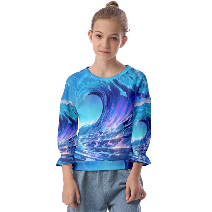 Tsunami Tidal Wave Ocean Waves Sea Nature Water 2 Kids  Cuff Sleeve Top