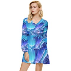 Tsunami Tidal Wave Ocean Waves Sea Nature Water 2 Tiered Long Sleeve Mini Dress