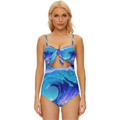 Tsunami Tidal Wave Ocean Waves Sea Nature Water 2 Knot Front One-piece Swimsuit by Jancukart