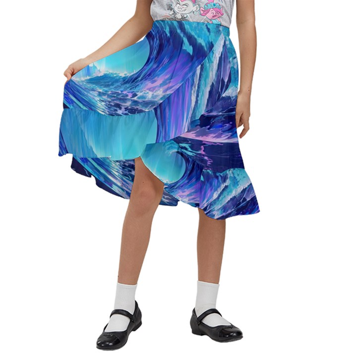 Tsunami Tidal Wave Ocean Waves Sea Nature Water 2 Kids  Ruffle Flared Wrap Midi Skirt