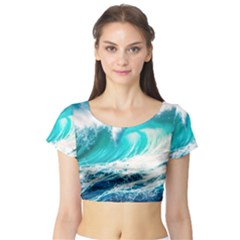 Tsunami Waves Ocean Sea Nautical Nature Water Blue Nature Short Sleeve Crop Top by Jancukart