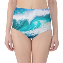 Tsunami Waves Ocean Sea Nautical Nature Water Blue Nature Classic High-waist Bikini Bottoms by Jancukart