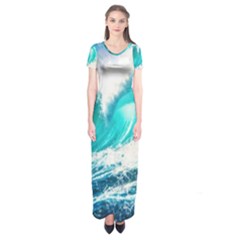 Tsunami Waves Ocean Sea Nautical Nature Water Blue Nature Short Sleeve Maxi Dress