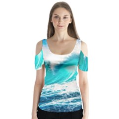 Tsunami Waves Ocean Sea Nautical Nature Water Blue Nature Butterfly Sleeve Cutout Tee 