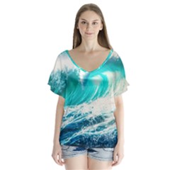 Tsunami Waves Ocean Sea Nautical Nature Water Blue Nature V-neck Flutter Sleeve Top by Jancukart