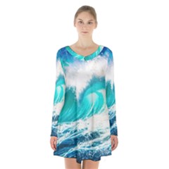 Tsunami Waves Ocean Sea Nautical Nature Water Blue Nature Long Sleeve Velvet V-neck Dress