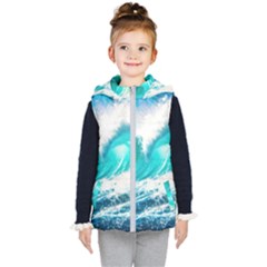 Tsunami Waves Ocean Sea Nautical Nature Water Blue Nature Kids  Hooded Puffer Vest