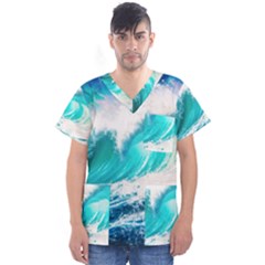 Tsunami Waves Ocean Sea Nautical Nature Water Blue Nature Men s V-neck Scrub Top