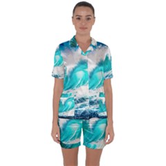 Tsunami Waves Ocean Sea Nautical Nature Water Blue Nature Satin Short Sleeve Pajamas Set