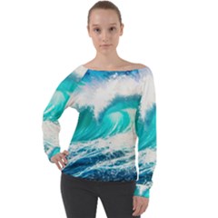 Tsunami Waves Ocean Sea Nautical Nature Water Blue Nature Off Shoulder Long Sleeve Velour Top by Jancukart