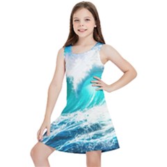 Tsunami Waves Ocean Sea Nautical Nature Water Blue Nature Kids  Lightweight Sleeveless Dress by Jancukart