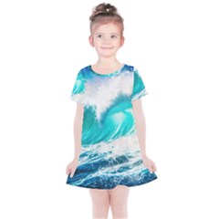 Tsunami Waves Ocean Sea Nautical Nature Water Blue Nature Kids  Simple Cotton Dress by Jancukart