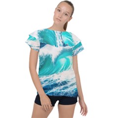 Tsunami Waves Ocean Sea Nautical Nature Water Blue Nature Ruffle Collar Chiffon Blouse