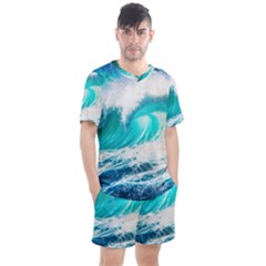 Tsunami Waves Ocean Sea Nautical Nature Water Blue Nature Men s Mesh Tee And Shorts Set