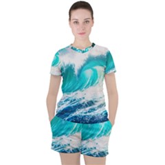 Tsunami Waves Ocean Sea Nautical Nature Water Blue Nature Women s Tee And Shorts Set