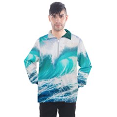 Tsunami Waves Ocean Sea Nautical Nature Water Blue Nature Men s Half Zip Pullover