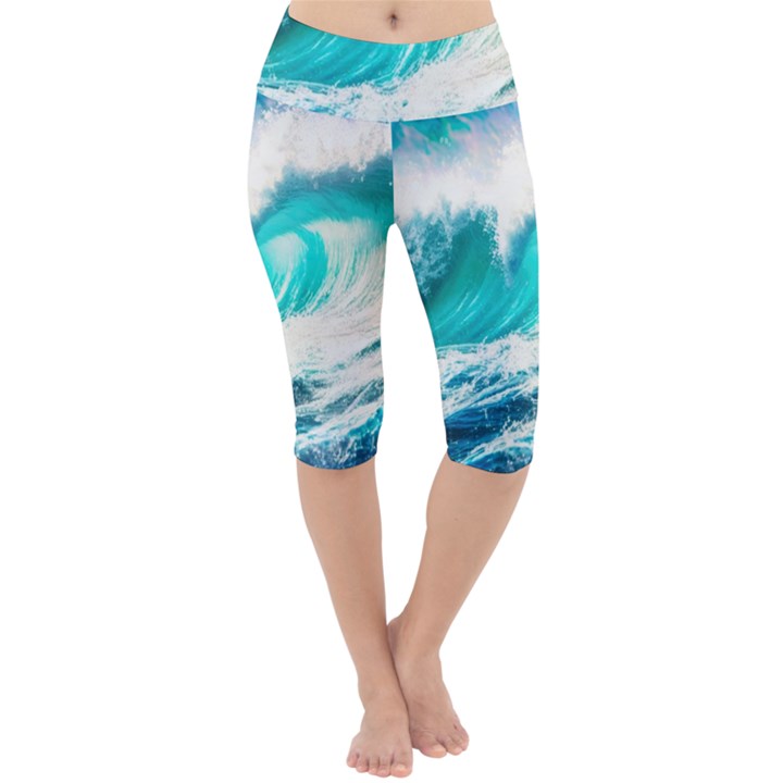 Tsunami Waves Ocean Sea Nautical Nature Water Blue Nature Lightweight Velour Cropped Yoga Leggings