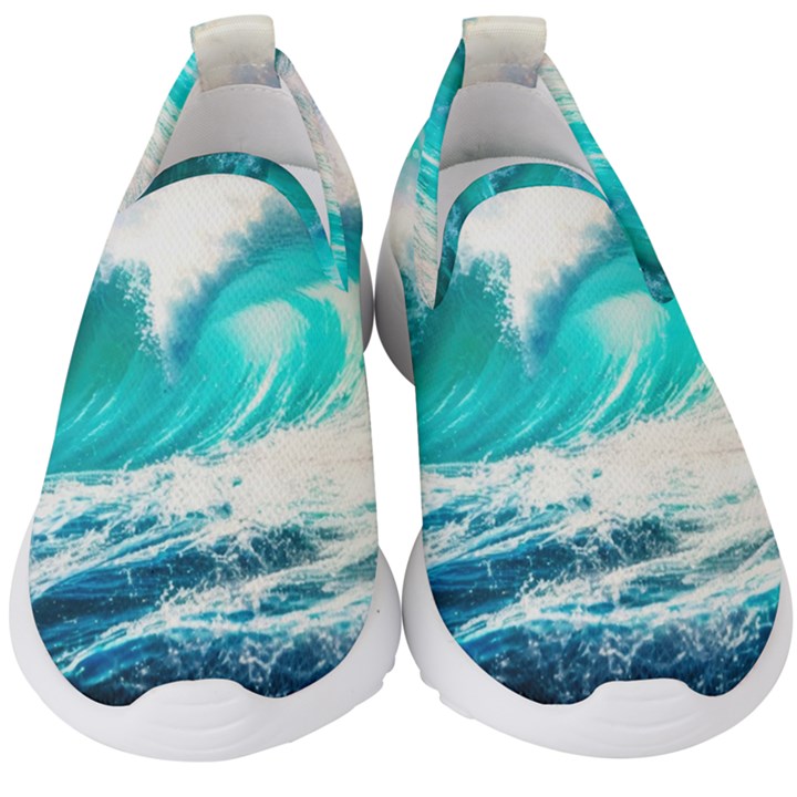 Tsunami Waves Ocean Sea Nautical Nature Water Blue Nature Kids  Slip On Sneakers