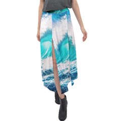 Tsunami Waves Ocean Sea Nautical Nature Water Blue Nature Velour Split Maxi Skirt by Jancukart