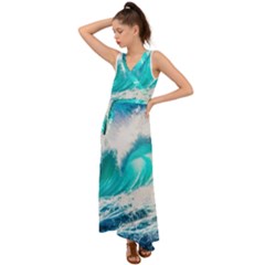 Tsunami Waves Ocean Sea Nautical Nature Water Blue Nature V-neck Chiffon Maxi Dress by Jancukart