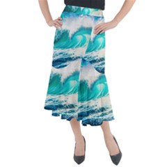 Tsunami Waves Ocean Sea Nautical Nature Water Blue Nature Midi Mermaid Skirt by Jancukart