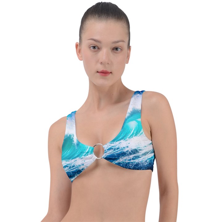 Tsunami Waves Ocean Sea Nautical Nature Water Blue Nature Ring Detail Bikini Top