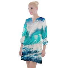 Tsunami Waves Ocean Sea Nautical Nature Water Blue Nature Open Neck Shift Dress