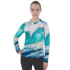 Tsunami Waves Ocean Sea Nautical Nature Water Blue Nature Women s Pique Long Sleeve Tee