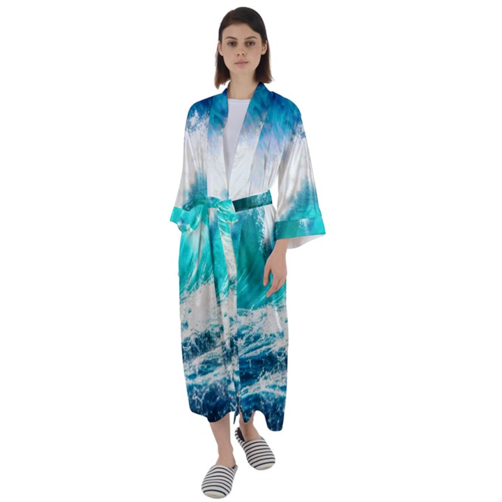 Tsunami Waves Ocean Sea Nautical Nature Water Blue Nature Maxi Satin Kimono