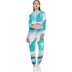 Tsunami Waves Ocean Sea Nautical Nature Water Blue Nature Cropped Zip Up Lounge Set by Jancukart