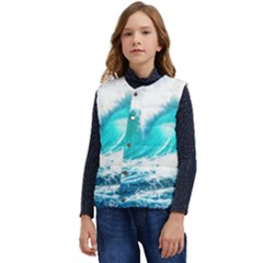 Tsunami Waves Ocean Sea Nautical Nature Water Blue Nature Kid s Short Button Up Puffer Vest	