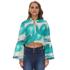 Tsunami Waves Ocean Sea Nautical Nature Water Blue Nature Boho Long Bell Sleeve Top