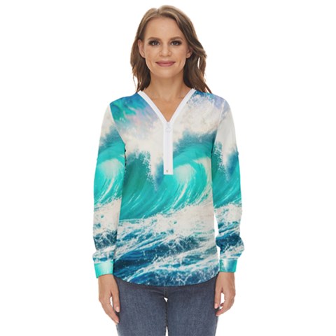 Tsunami Waves Ocean Sea Nautical Nature Water Blue Nature Zip Up Long Sleeve Blouse by Jancukart