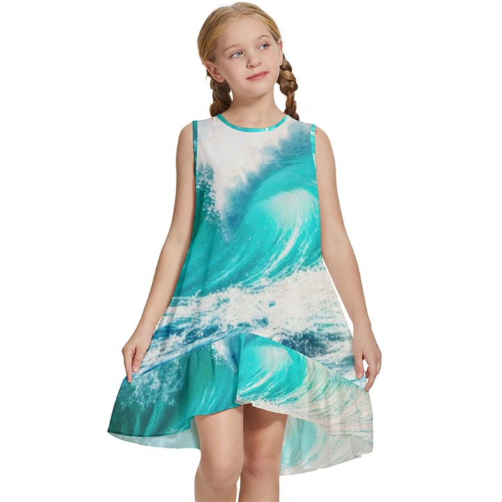 Tsunami Waves Ocean Sea Nautical Nature Water Blue Nature Kids  Frill Swing Dress