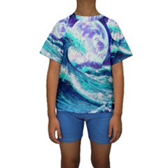 Tsunami Waves Ocean Sea Nautical Nature Water Kids  Short Sleeve Swimwear