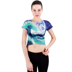 Tsunami Waves Ocean Sea Nautical Nature Water Crew Neck Crop Top by Jancukart