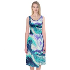 Tsunami Waves Ocean Sea Nautical Nature Water Midi Sleeveless Dress by Jancukart