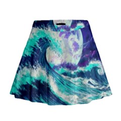 Tsunami Waves Ocean Sea Nautical Nature Water Mini Flare Skirt by Jancukart