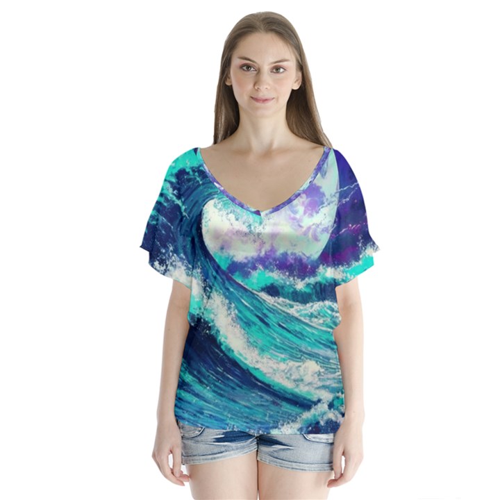 Tsunami Waves Ocean Sea Nautical Nature Water V-Neck Flutter Sleeve Top