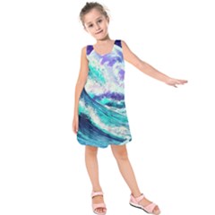 Tsunami Waves Ocean Sea Nautical Nature Water Kids  Sleeveless Dress by Jancukart