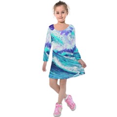 Tsunami Waves Ocean Sea Nautical Nature Water Kids  Long Sleeve Velvet Dress