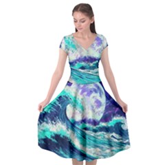 Tsunami Waves Ocean Sea Nautical Nature Water Cap Sleeve Wrap Front Dress