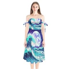 Tsunami Waves Ocean Sea Nautical Nature Water Shoulder Tie Bardot Midi Dress