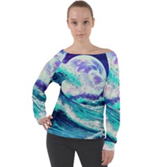 Tsunami Waves Ocean Sea Nautical Nature Water Off Shoulder Long Sleeve Velour Top by Jancukart